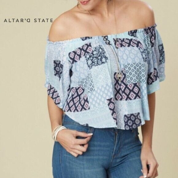Altar'd State Off Shoulder Patchwork‎ Crop Top Women's Boho Peasant Crop - Picture 1 of 9